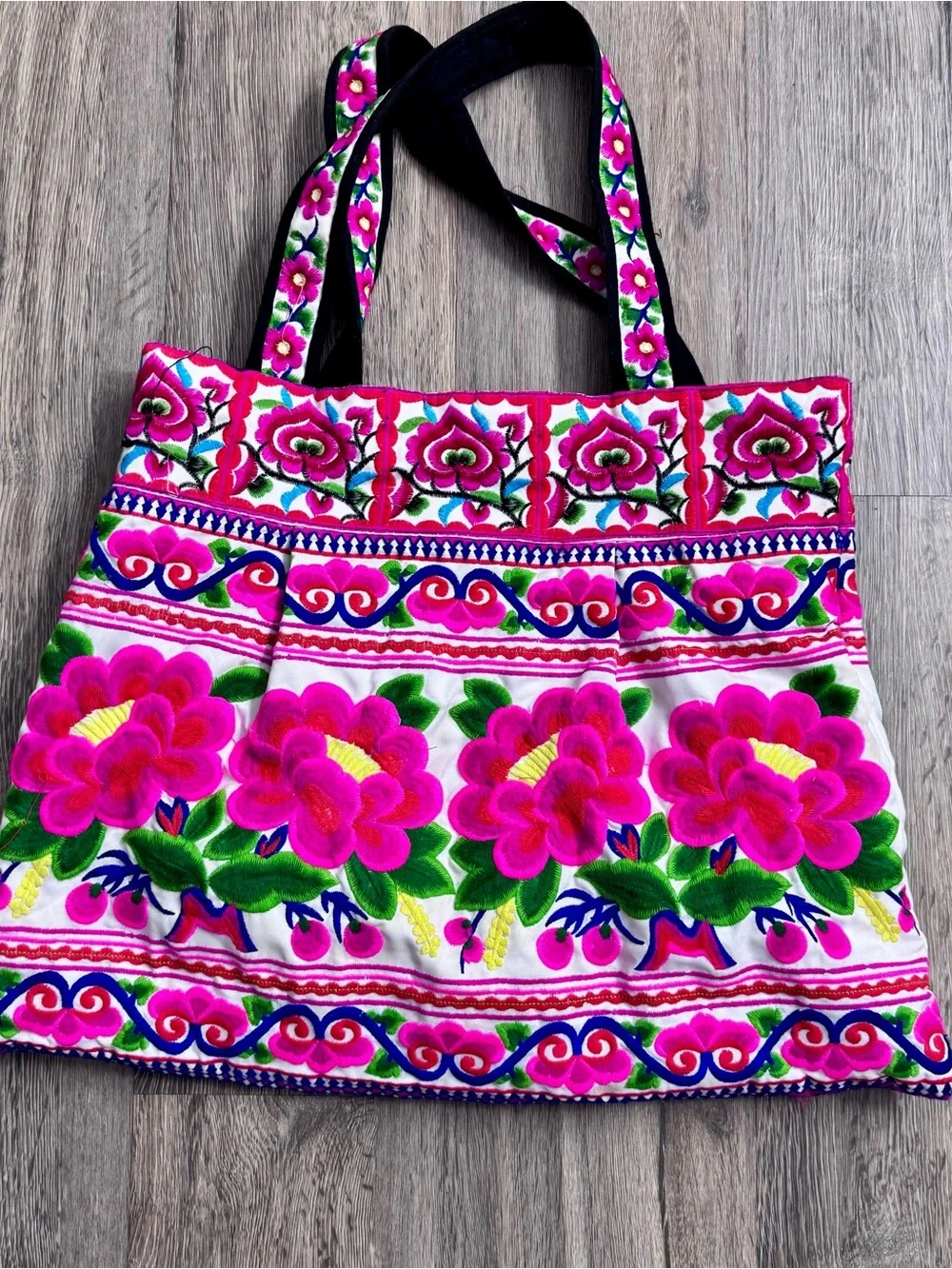 Hand-Embroidered Pink Floral Tote Bag